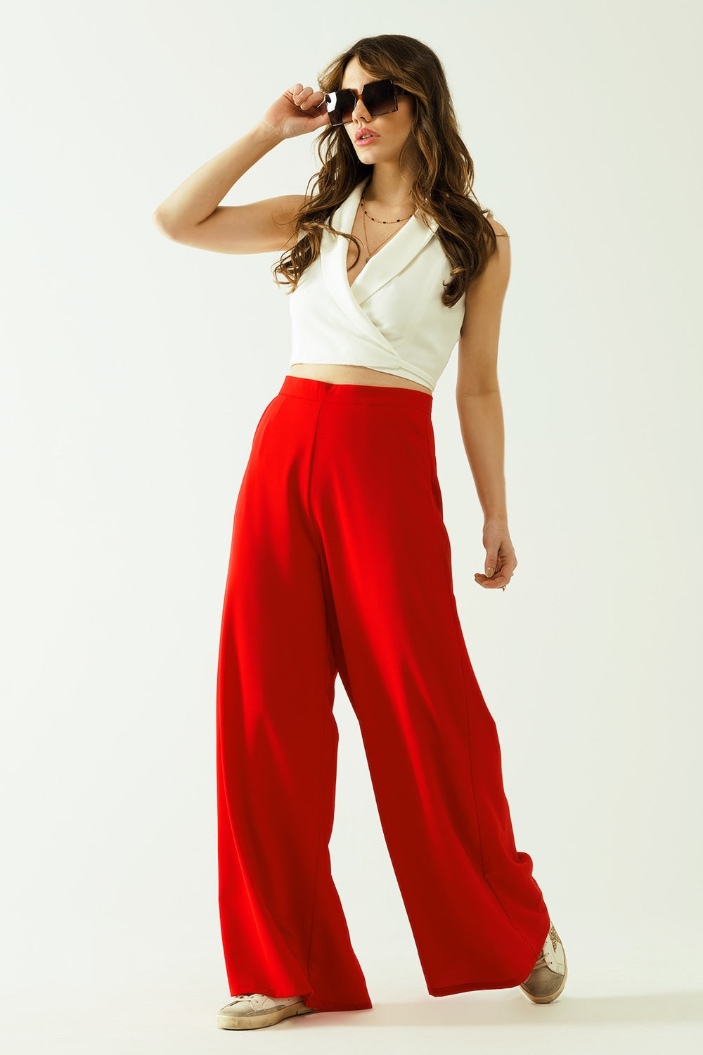 Red Wide Leg Basic Flared Pants-0