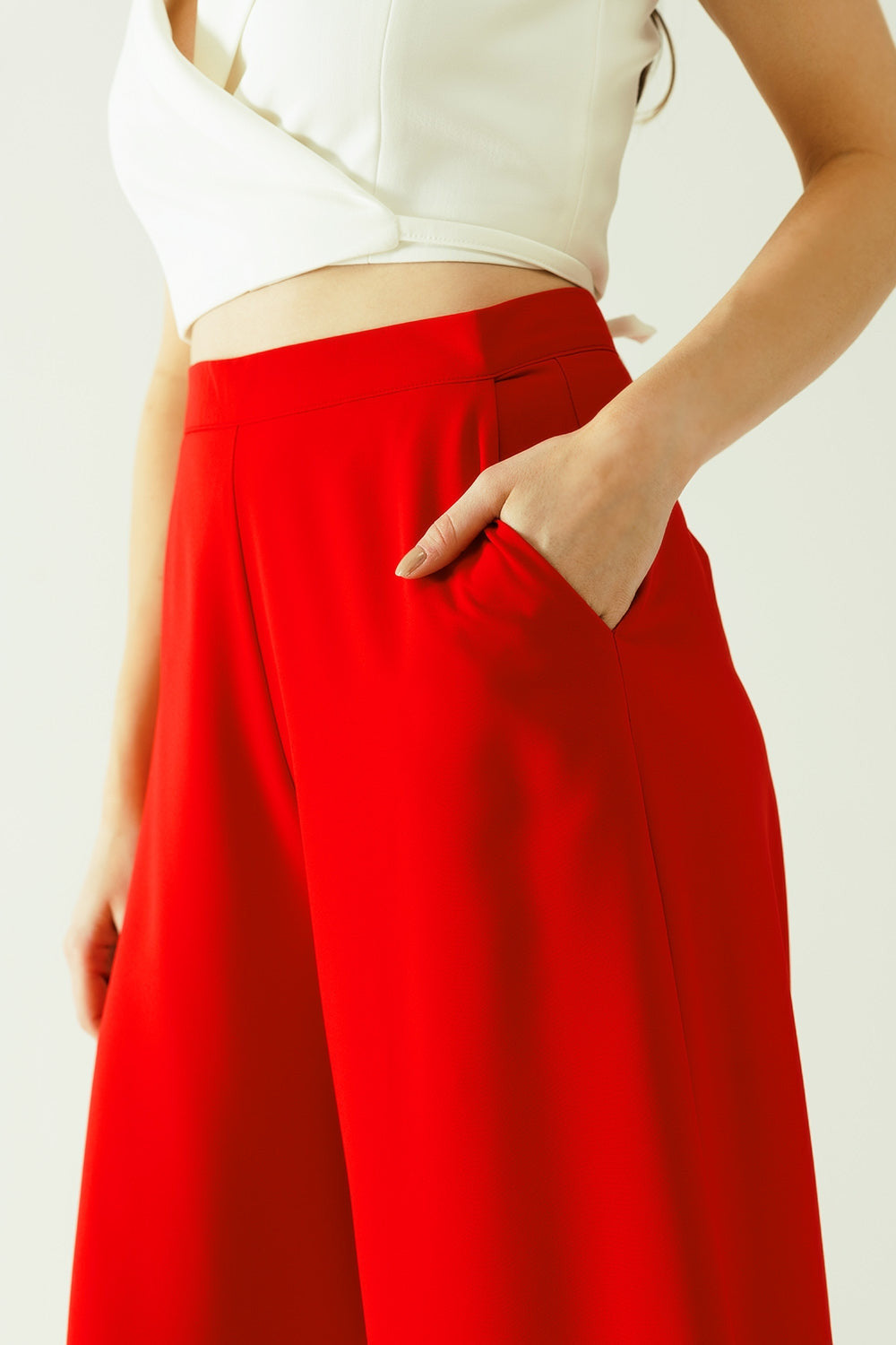 Red Wide Leg Basic Flared Pants