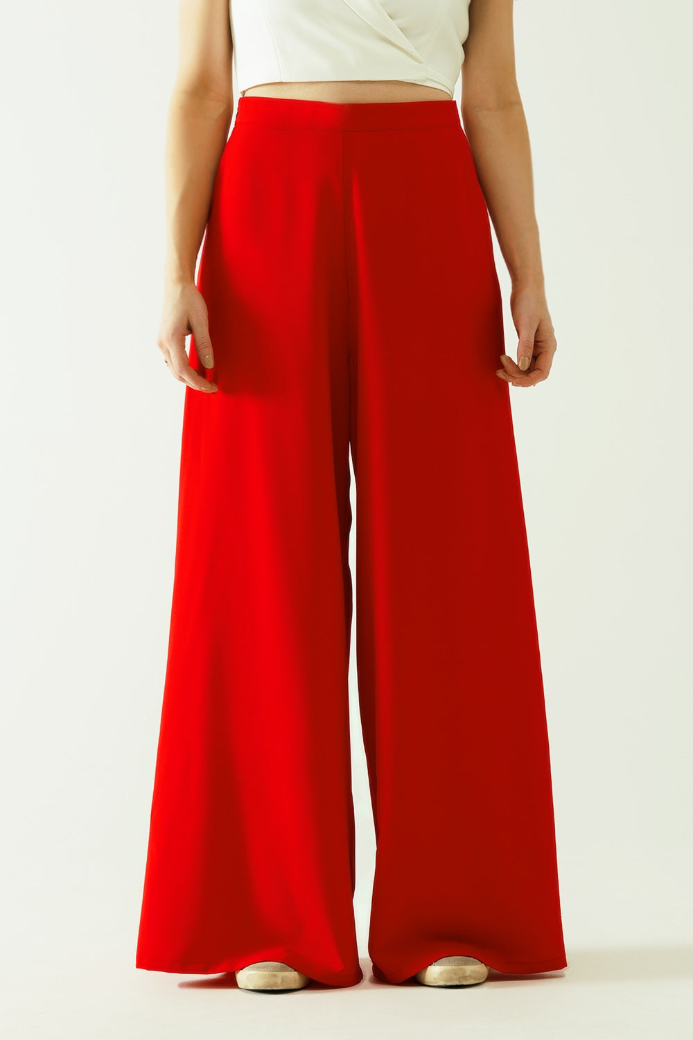 Red Wide Leg Basic Flared Pants-1
