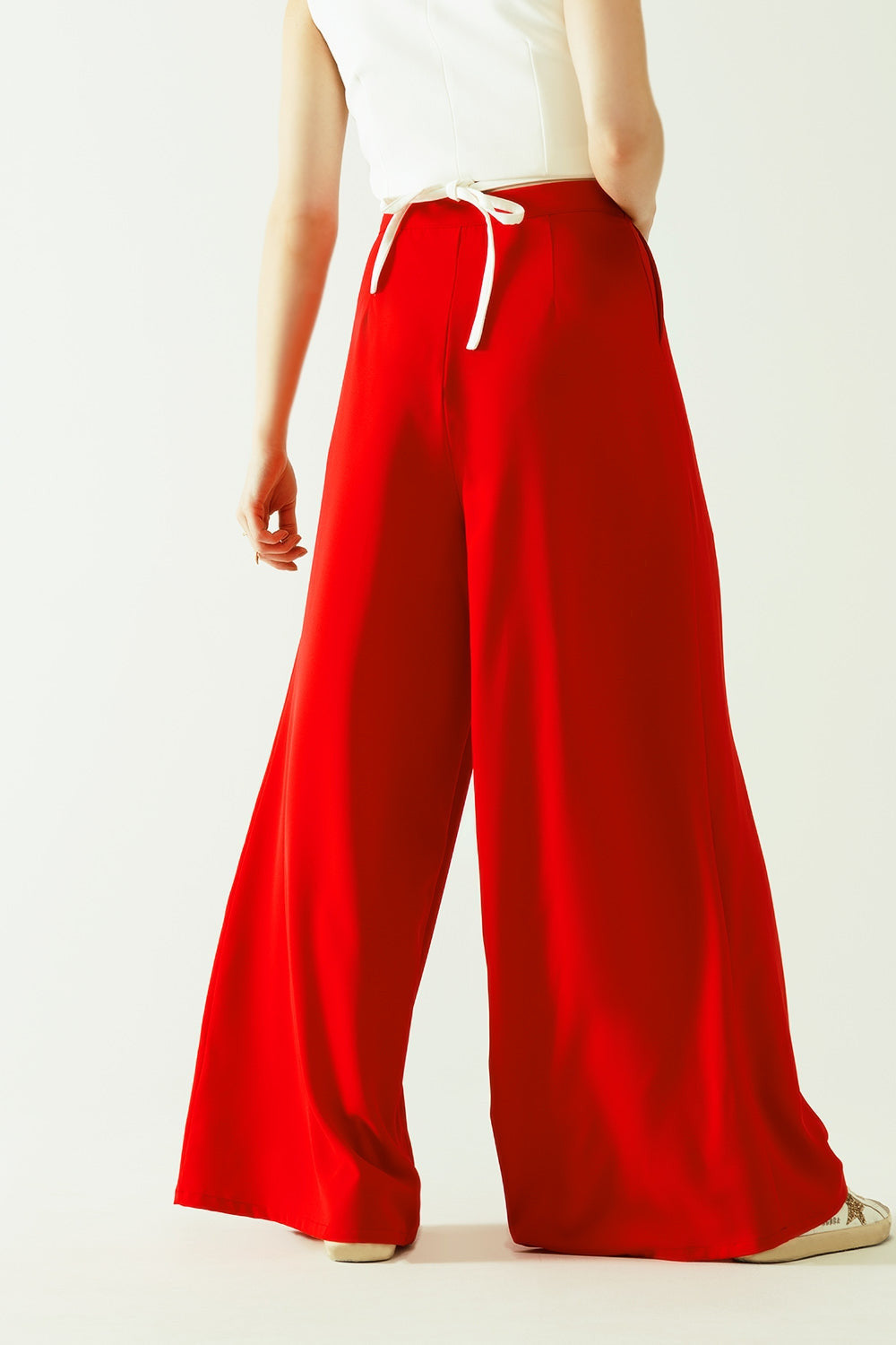 Red Wide Leg Basic Flared Pants-2